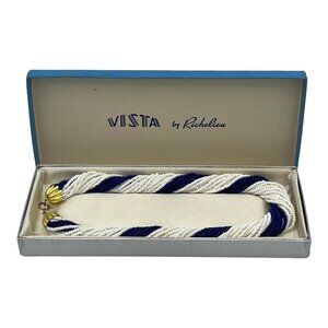 Vintage Vista By‎ Richelieu Beaded Necklace Choker White Navy Blue Twisted w/Box